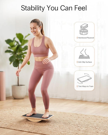Wooden Balance Board with 2 Difficulty Options, Basic Rocker and Advanced 360° Wobble Board, Non-Slip Balance Trainer for Core Stability, Ankle Rehab, Physical Therapy and Fitness