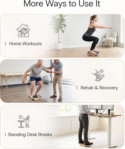 Wooden Balance Board with 2 Difficulty Options, Basic Rocker and Advanced 360° Wobble Board, Non-Slip Balance Trainer for Core Stability, Ankle Rehab, Physical Therapy and Fitness