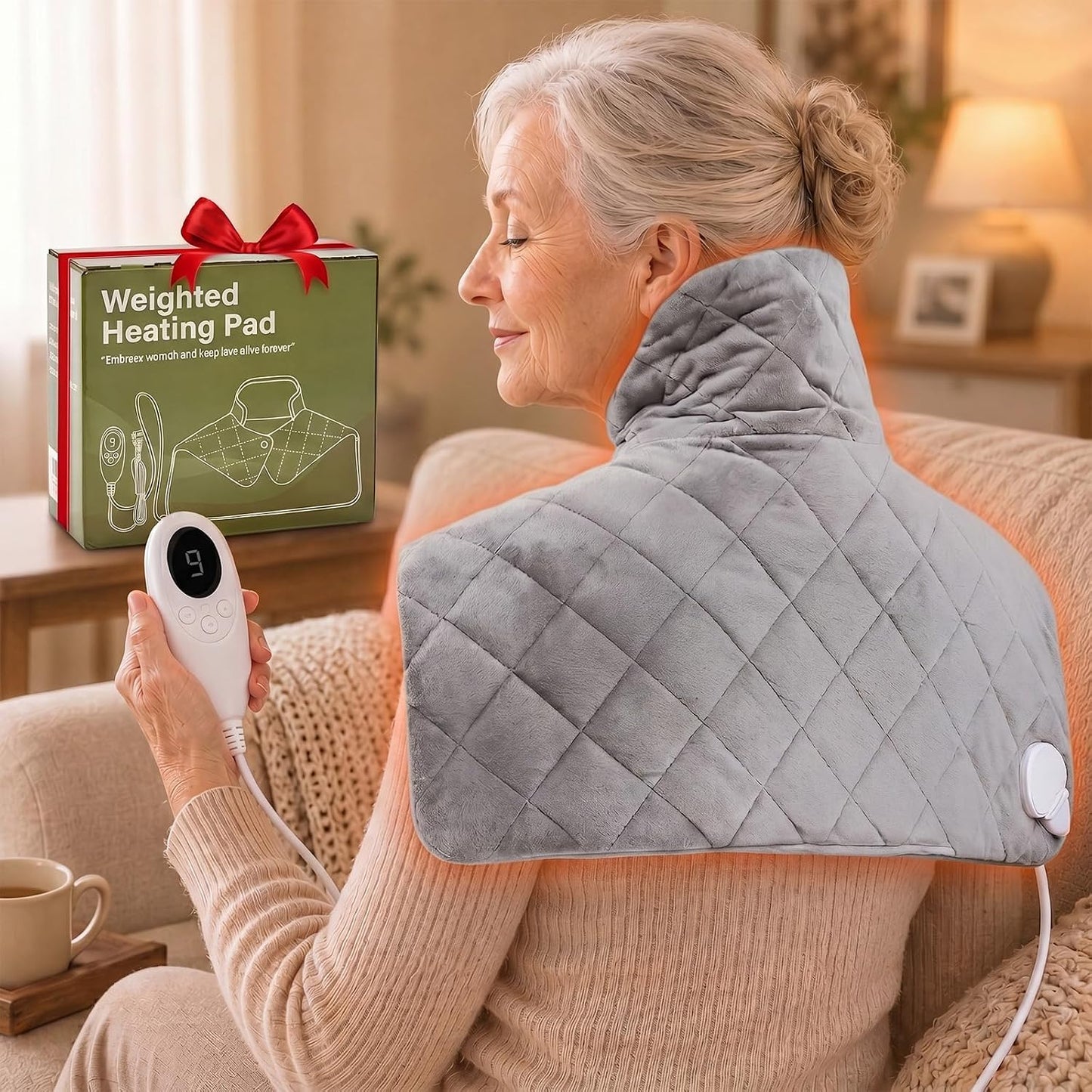 Shoulder Heating Pad for Neck and Shoulders and Back, Fathers Gifts for Men Husband, Birthday Gifts for Women Men Her, Weighted Heating Pad for Neck with 9 Heat Options 4 Auto-Off Timer, Grey