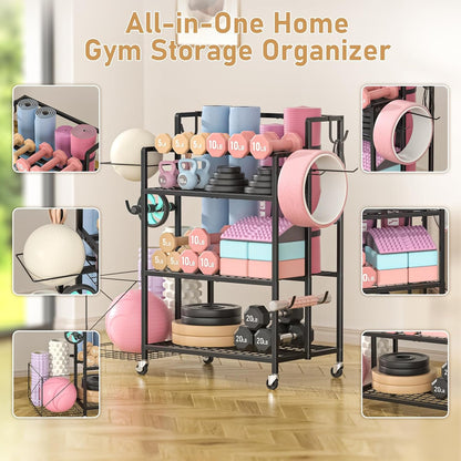 Home Gym Storage Rack, Multi-functional Workout Equipment Storage for Dumbbells, Kettlebells & Yoga Mats, Heavy Duty Weight Rack for Home Garage Gym, Rolling Fitness Equipment Organizer with Hook