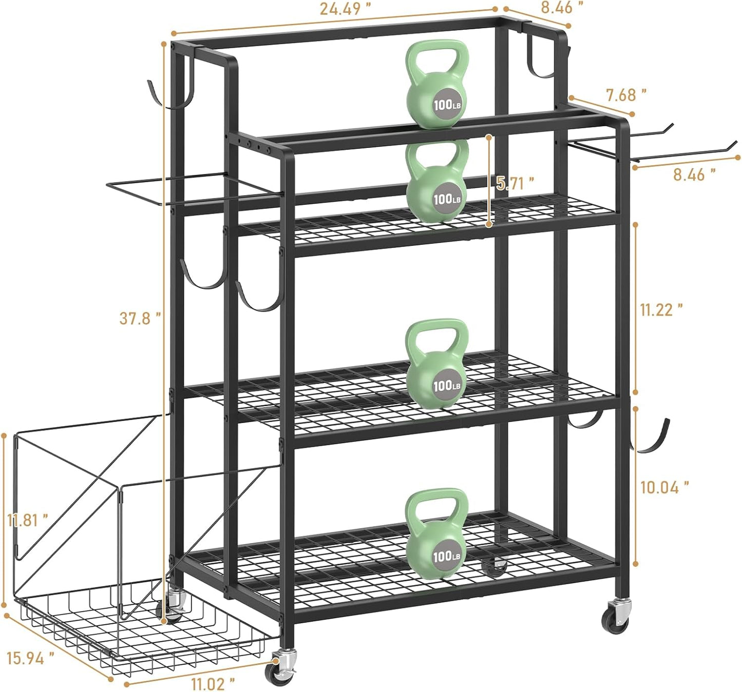 Home Gym Storage Rack, Multi-functional Workout Equipment Storage for Dumbbells, Kettlebells & Yoga Mats, Heavy Duty Weight Rack for Home Garage Gym, Rolling Fitness Equipment Organizer with Hook