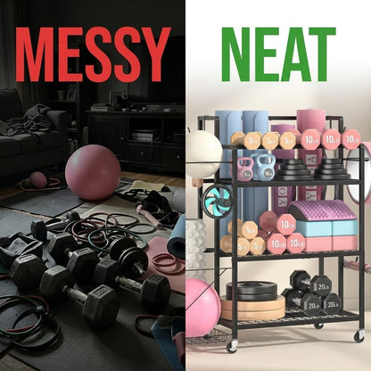 Home Gym Storage Rack, Multi-functional Workout Equipment Storage for Dumbbells, Kettlebells & Yoga Mats, Heavy Duty Weight Rack for Home Garage Gym, Rolling Fitness Equipment Organizer with Hook