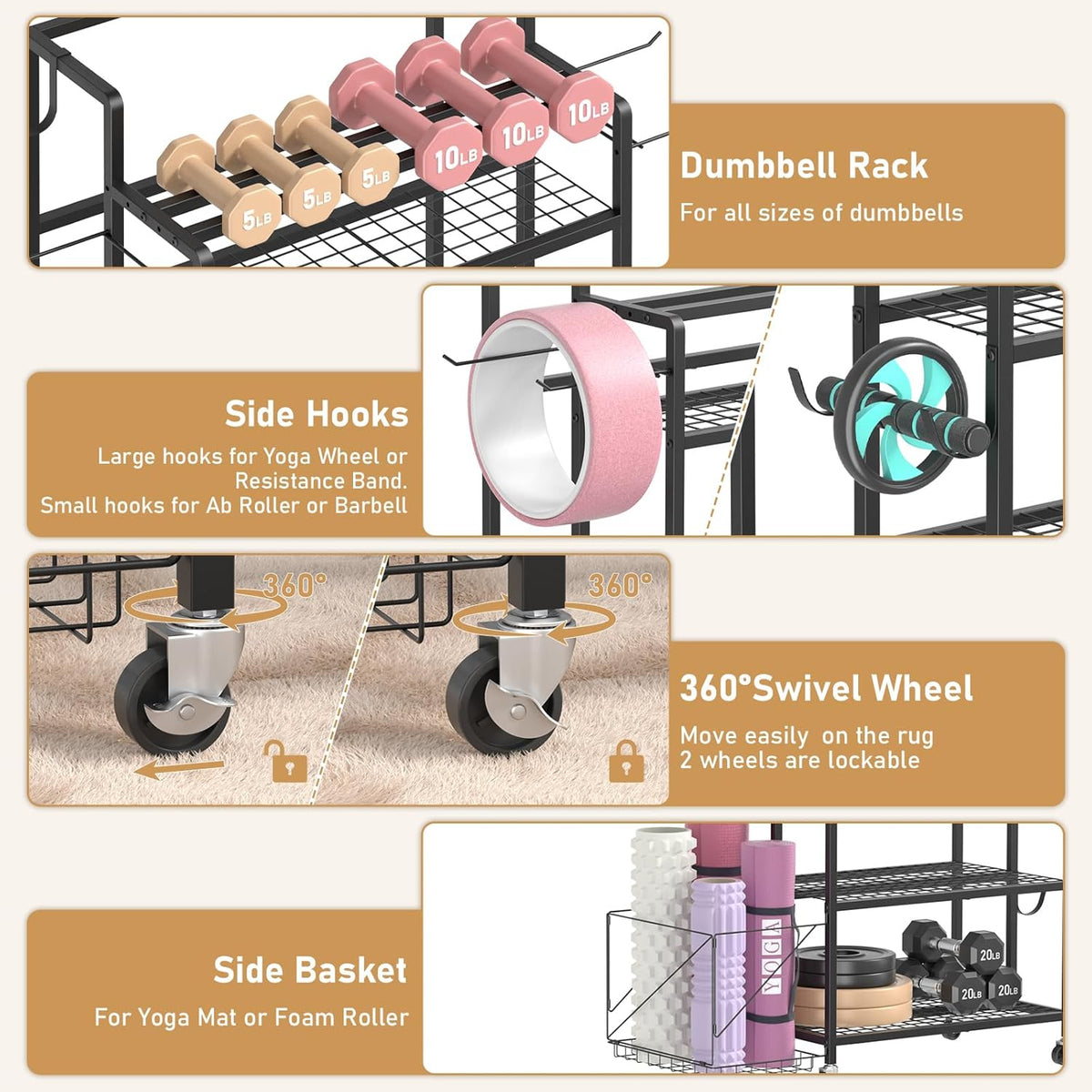 Home Gym Storage Rack, Multi-functional Workout Equipment Storage for Dumbbells, Kettlebells & Yoga Mats, Heavy Duty Weight Rack for Home Garage Gym, Rolling Fitness Equipment Organizer with Hook