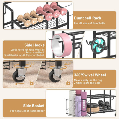 Home Gym Storage Rack, Multi-functional Workout Equipment Storage for Dumbbells, Kettlebells & Yoga Mats, Heavy Duty Weight Rack for Home Garage Gym, Rolling Fitness Equipment Organizer with Hook
