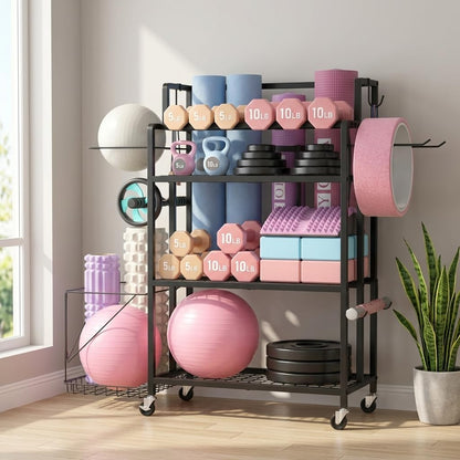 Home Gym Storage Rack, Multi-functional Workout Equipment Storage for Dumbbells, Kettlebells & Yoga Mats, Heavy Duty Weight Rack for Home Garage Gym, Rolling Fitness Equipment Organizer with Hook