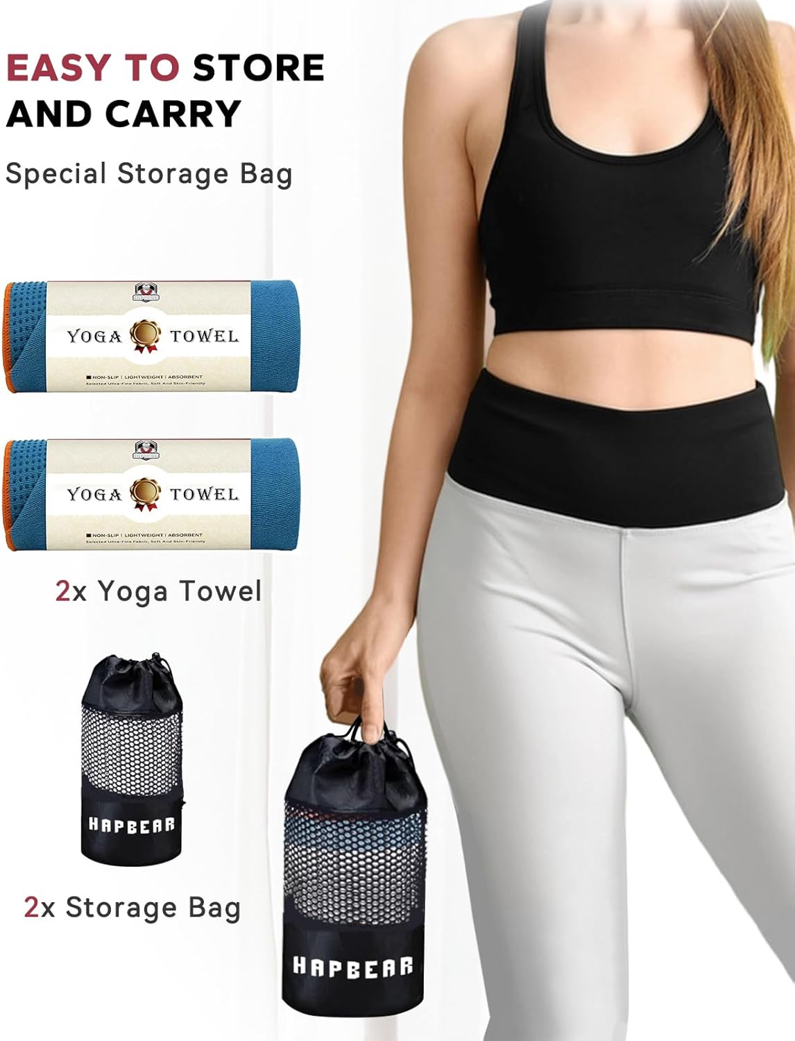 HAPBEAR 2 Pack Hot Yoga Towel with Non-Slip Grip Dots, 72" x 24" - Super Absorbent, Soft Microfiber Yoga Mat Towel for Bikram, Gym, Pilates - Grey