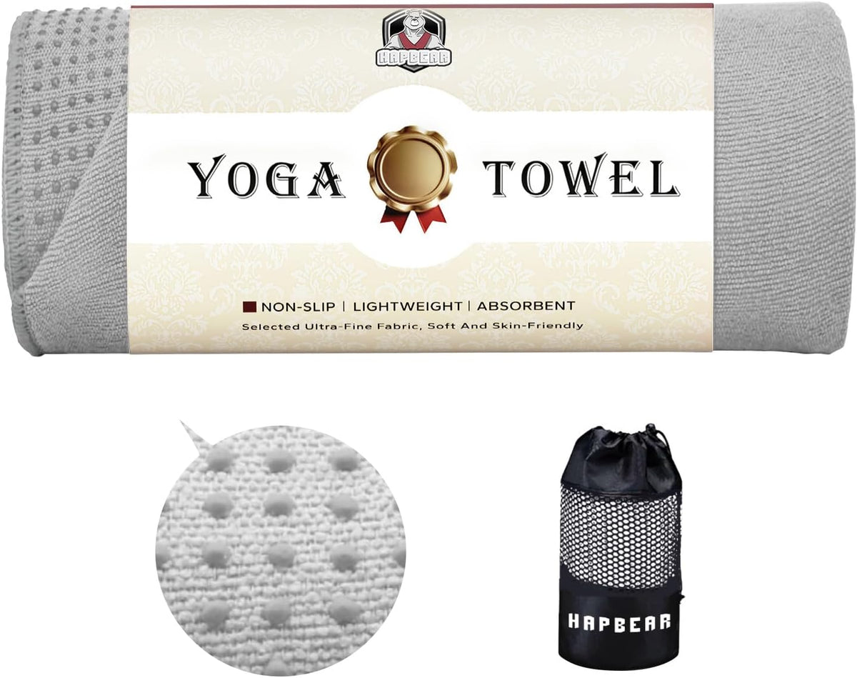 HAPBEAR 2 Pack Hot Yoga Towel with Non-Slip Grip Dots, 72" x 24" - Super Absorbent, Soft Microfiber Yoga Mat Towel for Bikram, Gym, Pilates - Grey