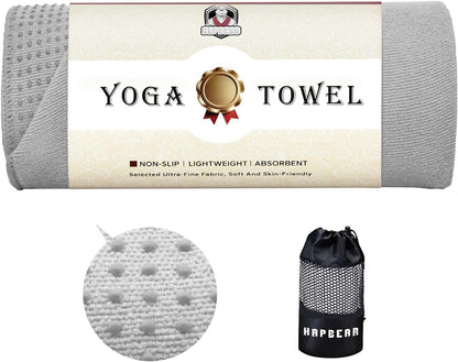HAPBEAR 2 Pack Hot Yoga Towel with Non-Slip Grip Dots, 72" x 24" - Super Absorbent, Soft Microfiber Yoga Mat Towel for Bikram, Gym, Pilates - Grey