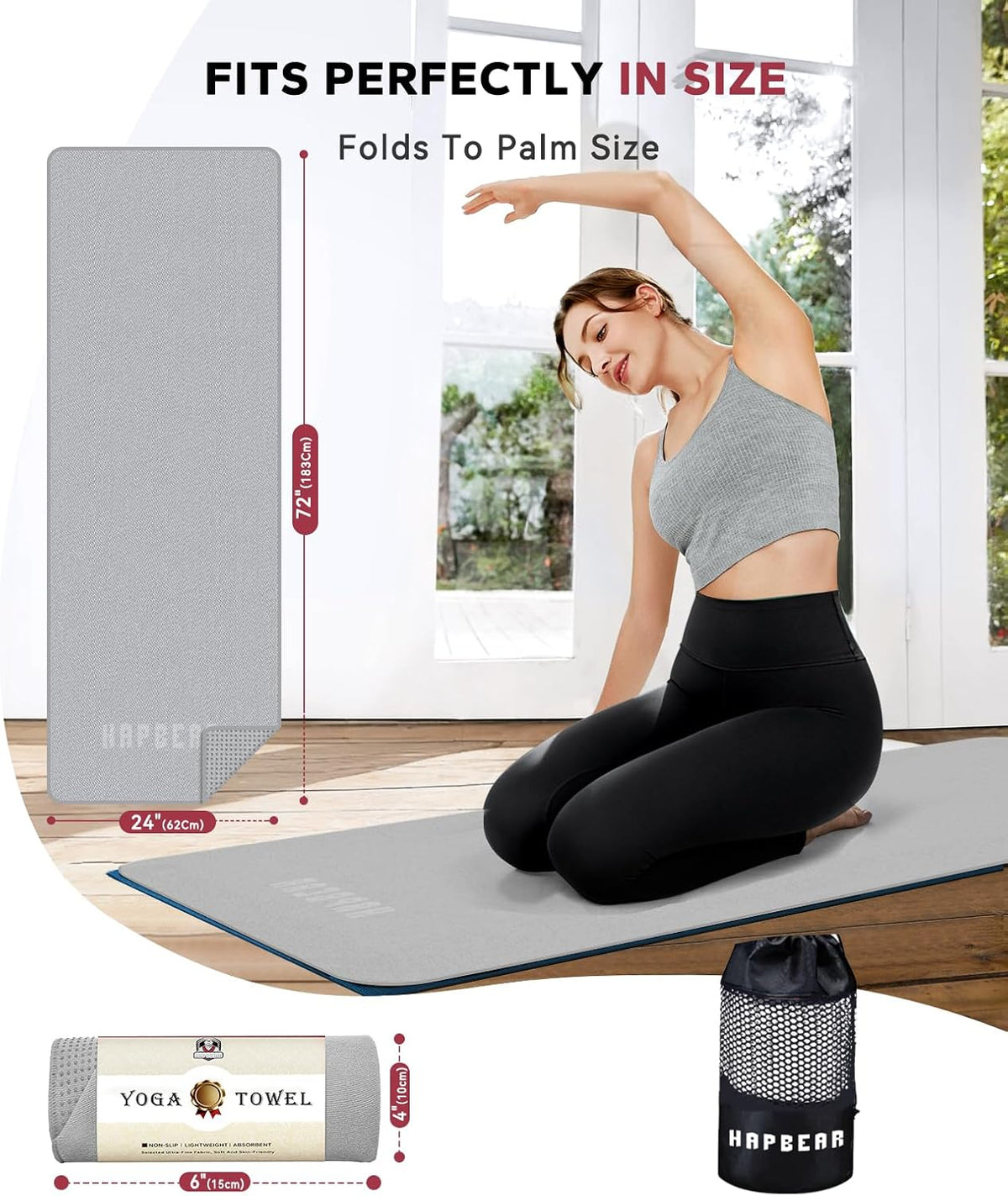 HAPBEAR 2 Pack Hot Yoga Towel with Non-Slip Grip Dots, 72" x 24" - Super Absorbent, Soft Microfiber Yoga Mat Towel for Bikram, Gym, Pilates - Grey