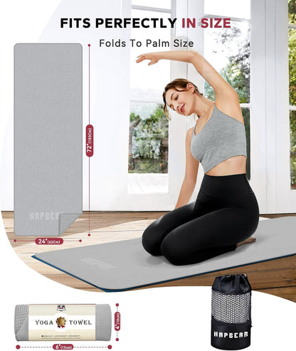 HAPBEAR 2 Pack Hot Yoga Towel with Non-Slip Grip Dots, 72" x 24" - Super Absorbent, Soft Microfiber Yoga Mat Towel for Bikram, Gym, Pilates - Grey