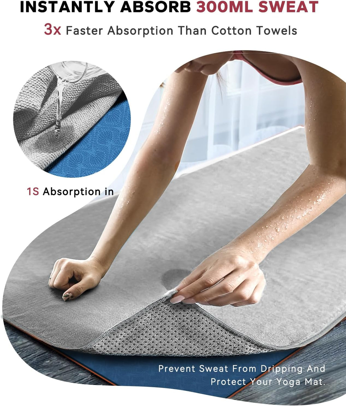 HAPBEAR 2 Pack Hot Yoga Towel with Non-Slip Grip Dots, 72" x 24" - Super Absorbent, Soft Microfiber Yoga Mat Towel for Bikram, Gym, Pilates - Grey