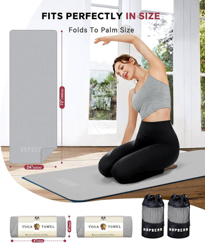 HAPBEAR 2 Pack Hot Yoga Towel with Non-Slip Grip Dots, 72" x 24" - Super Absorbent, Soft Microfiber Yoga Mat Towel for Bikram, Gym, Pilates - Grey