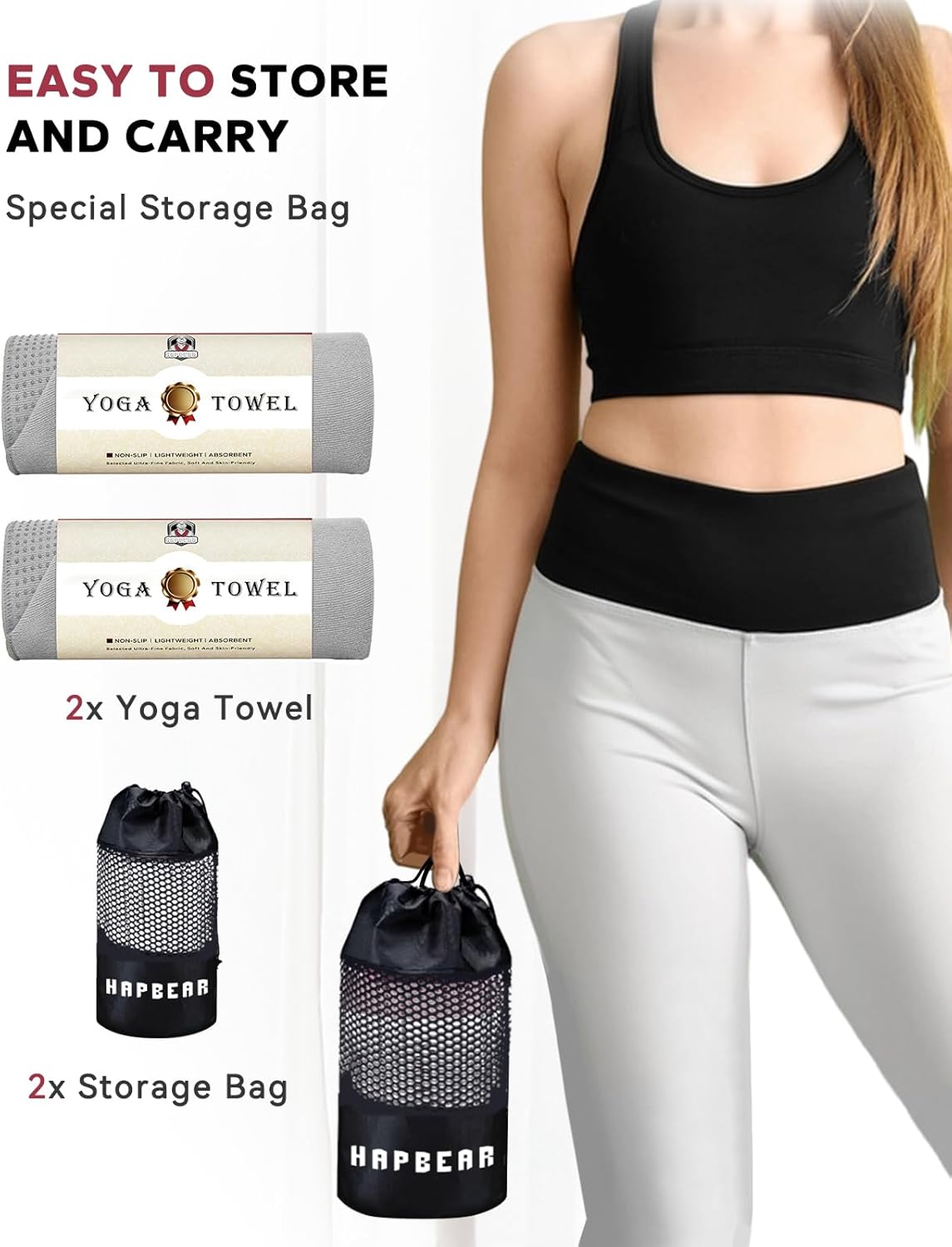 HAPBEAR 2 Pack Hot Yoga Towel with Non-Slip Grip Dots, 72" x 24" - Super Absorbent, Soft Microfiber Yoga Mat Towel for Bikram, Gym, Pilates - Grey
