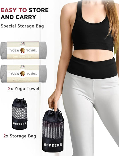 HAPBEAR 2 Pack Hot Yoga Towel with Non-Slip Grip Dots, 72" x 24" - Super Absorbent, Soft Microfiber Yoga Mat Towel for Bikram, Gym, Pilates - Grey