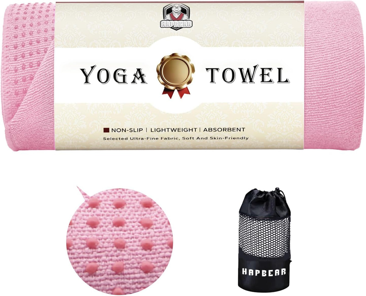 HAPBEAR 2 Pack Hot Yoga Towel with Non-Slip Grip Dots, 72" x 24" - Super Absorbent, Soft Microfiber Yoga Mat Towel for Bikram, Gym, Pilates - Grey