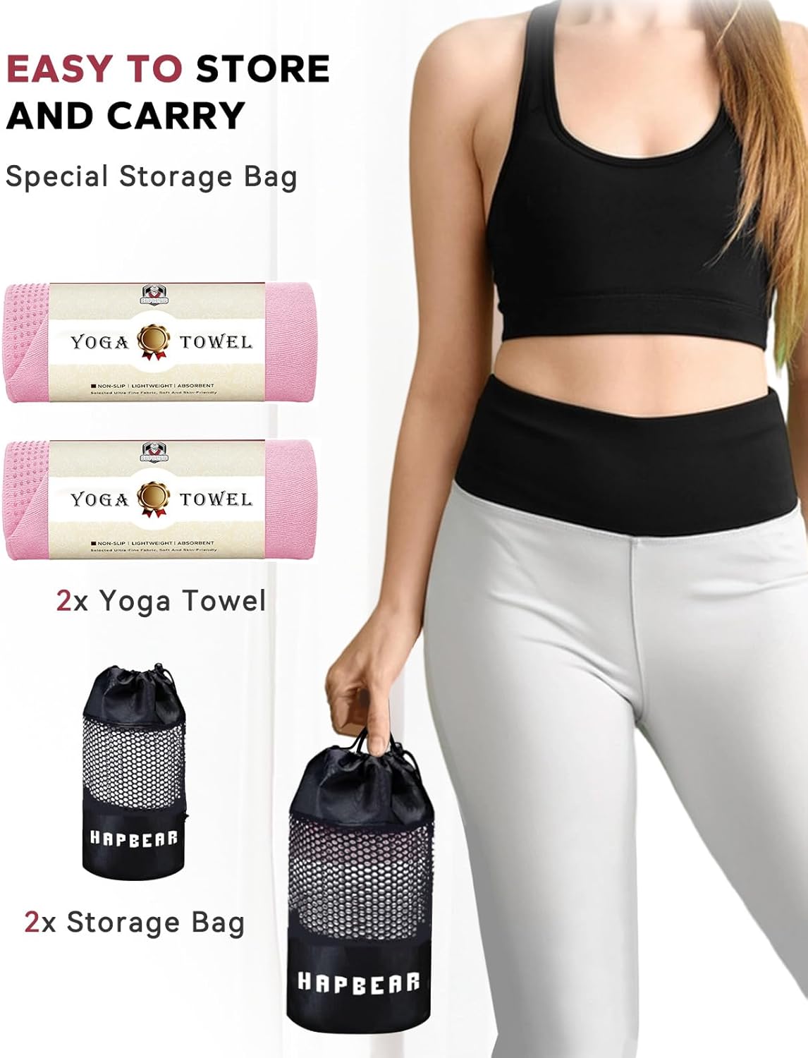 HAPBEAR 2 Pack Hot Yoga Towel with Non-Slip Grip Dots, 72" x 24" - Super Absorbent, Soft Microfiber Yoga Mat Towel for Bikram, Gym, Pilates - Grey