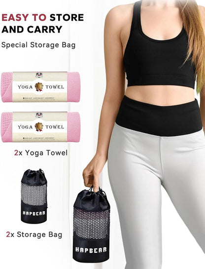 HAPBEAR 2 Pack Hot Yoga Towel with Non-Slip Grip Dots, 72" x 24" - Super Absorbent, Soft Microfiber Yoga Mat Towel for Bikram, Gym, Pilates - Grey