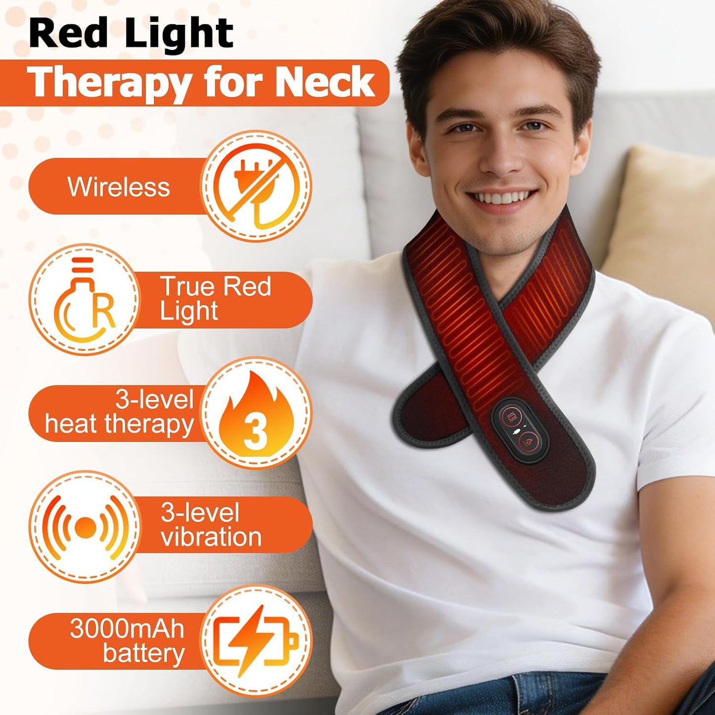 Neck Heating Pad for Pain - Heated Neck Wrap with Electric Massager, Cordless Heating Pad for Neck with 660nm & 850nm Red Light, Heated Neck Brace, 3000mAh, 3 Levels Heat & Massage