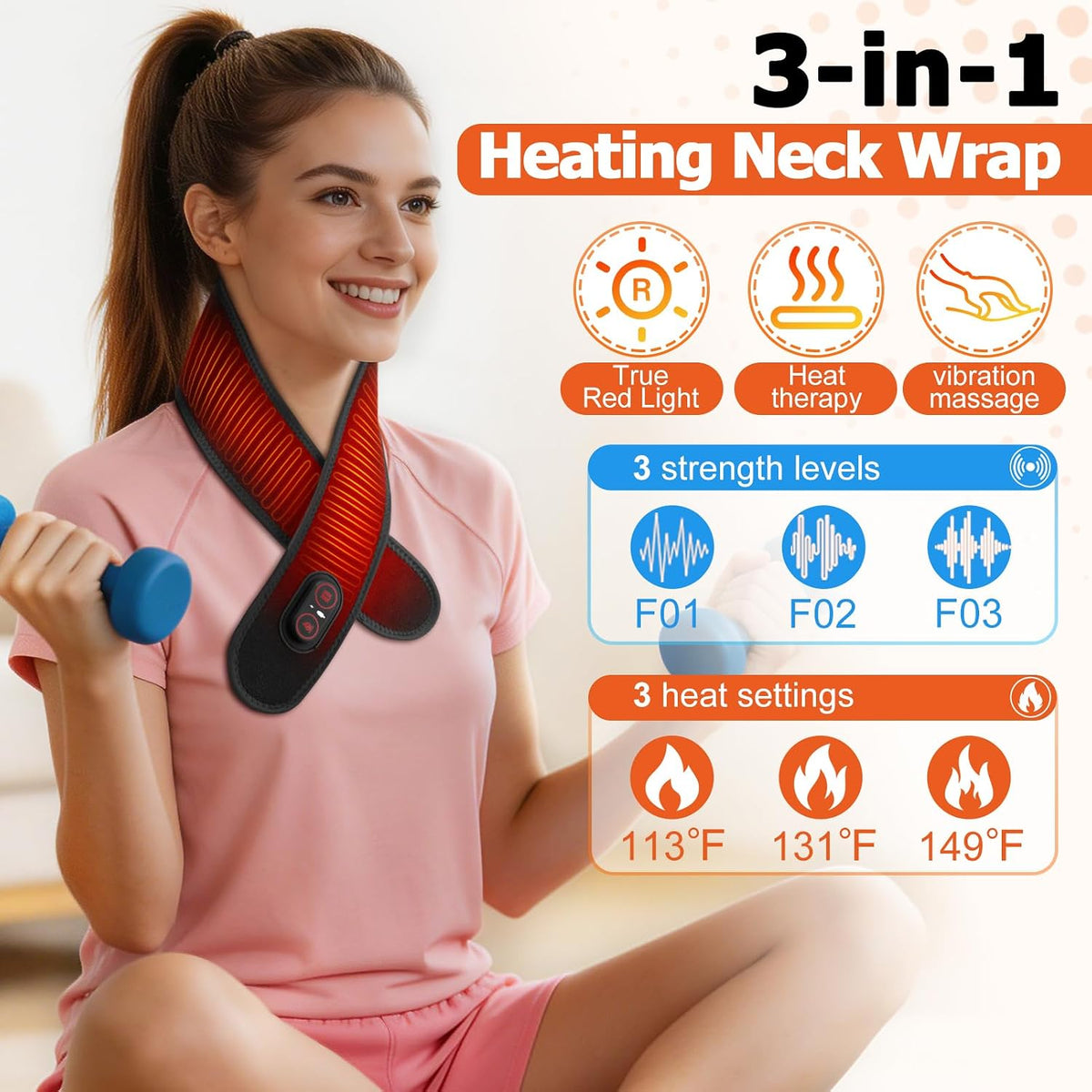 Neck Heating Pad for Pain - Heated Neck Wrap with Electric Massager, Cordless Heating Pad for Neck with 660nm & 850nm Red Light, Heated Neck Brace, 3000mAh, 3 Levels Heat & Massage
