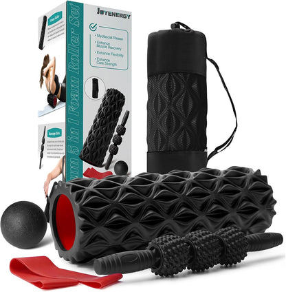 5 in 1 Foam Roller Set High Density Patented Foam Roller for Exercise | Foam Roller Massage Stick, Massage Ball, Resistance Band for Deep Muscle Massage Pilates Yoga Trigger Point Release Purple