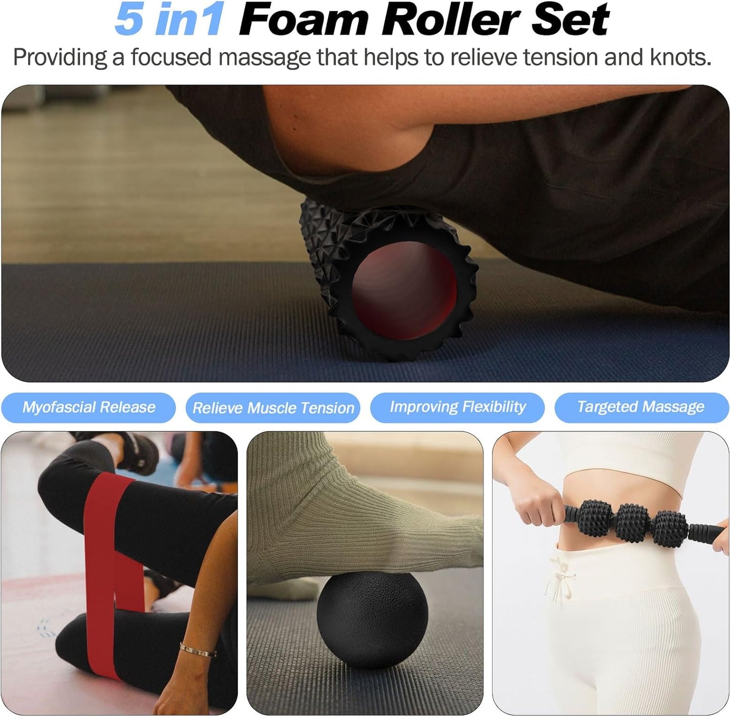 5 in 1 Foam Roller Set High Density Patented Foam Roller for Exercise | Foam Roller Massage Stick, Massage Ball, Resistance Band for Deep Muscle Massage Pilates Yoga Trigger Point Release Purple