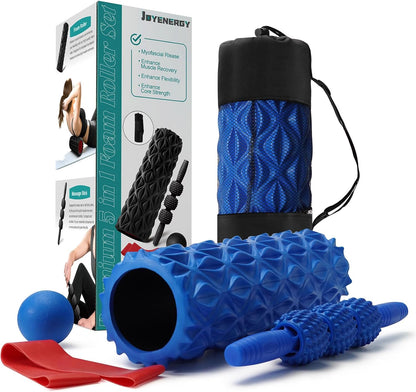 5 in 1 Foam Roller Set High Density Patented Foam Roller for Exercise | Foam Roller Massage Stick, Massage Ball, Resistance Band for Deep Muscle Massage Pilates Yoga Trigger Point Release Purple