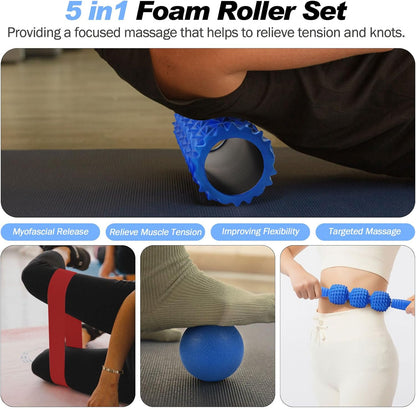5 in 1 Foam Roller Set High Density Patented Foam Roller for Exercise | Foam Roller Massage Stick, Massage Ball, Resistance Band for Deep Muscle Massage Pilates Yoga Trigger Point Release Purple