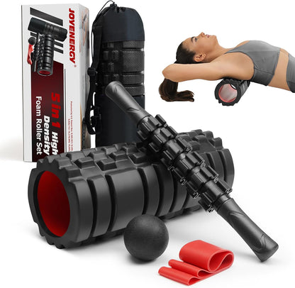 5 in 1 Foam Roller Set High Density Patented Foam Roller for Exercise | Foam Roller Massage Stick, Massage Ball, Resistance Band for Deep Muscle Massage Pilates Yoga Trigger Point Release Purple