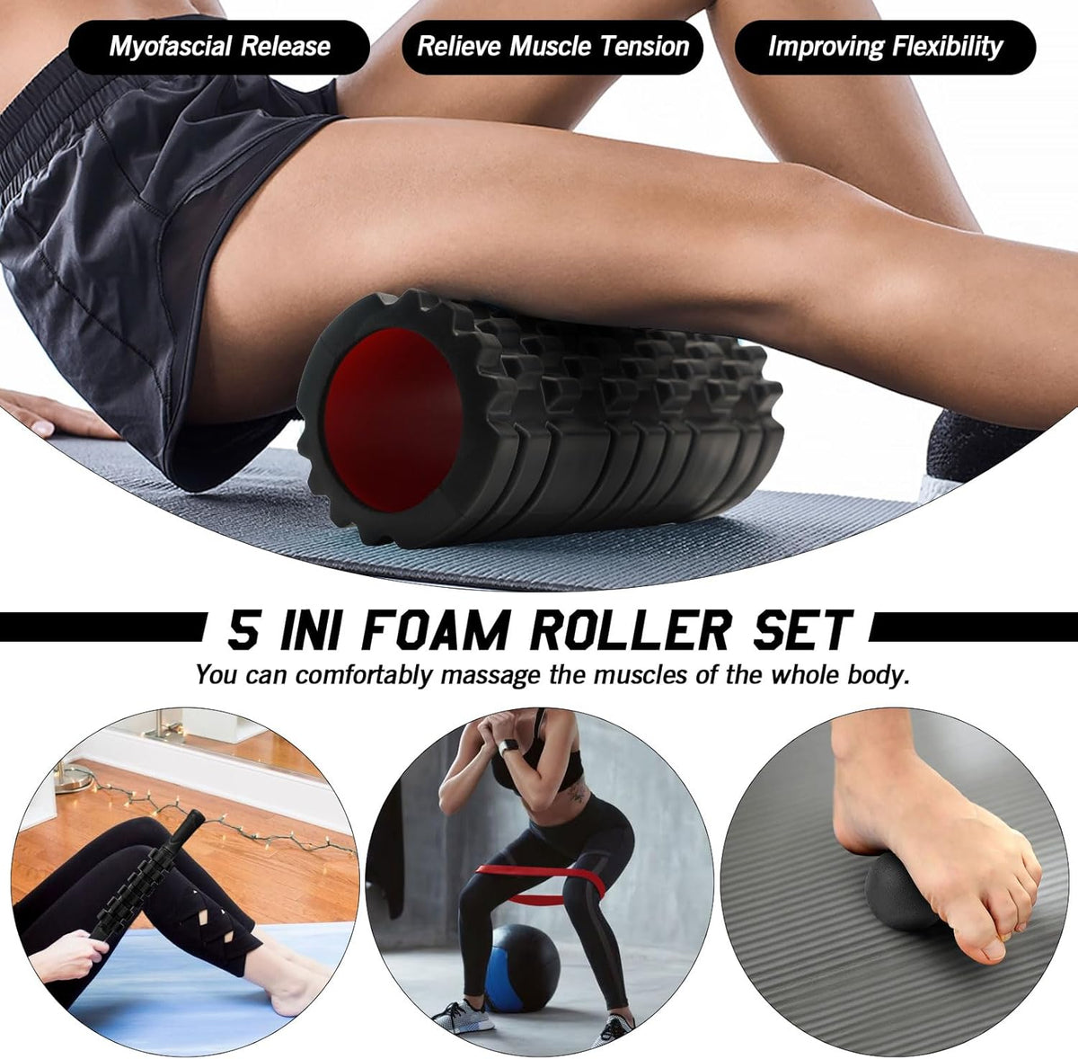 5 in 1 Foam Roller Set High Density Patented Foam Roller for Exercise | Foam Roller Massage Stick, Massage Ball, Resistance Band for Deep Muscle Massage Pilates Yoga Trigger Point Release Purple