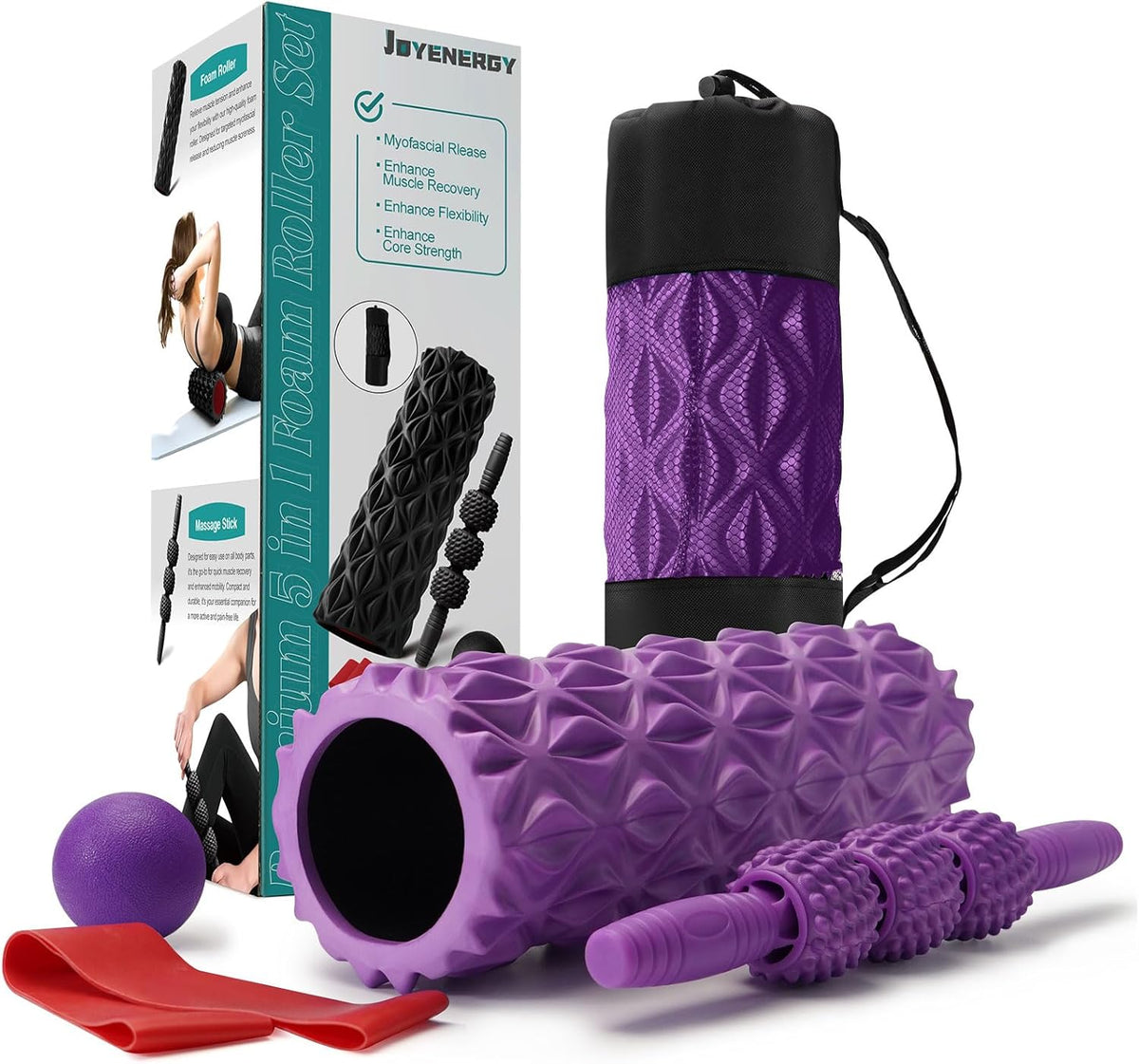 5 in 1 Foam Roller Set High Density Patented Foam Roller for Exercise | Foam Roller Massage Stick, Massage Ball, Resistance Band for Deep Muscle Massage Pilates Yoga Trigger Point Release Purple