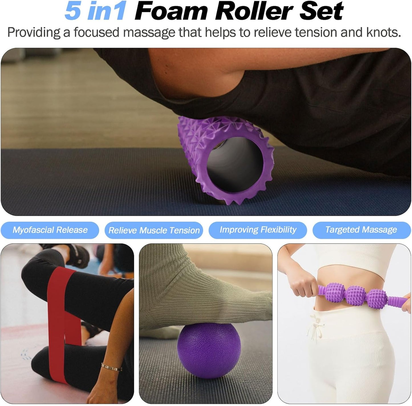 5 in 1 Foam Roller Set High Density Patented Foam Roller for Exercise | Foam Roller Massage Stick, Massage Ball, Resistance Band for Deep Muscle Massage Pilates Yoga Trigger Point Release Purple