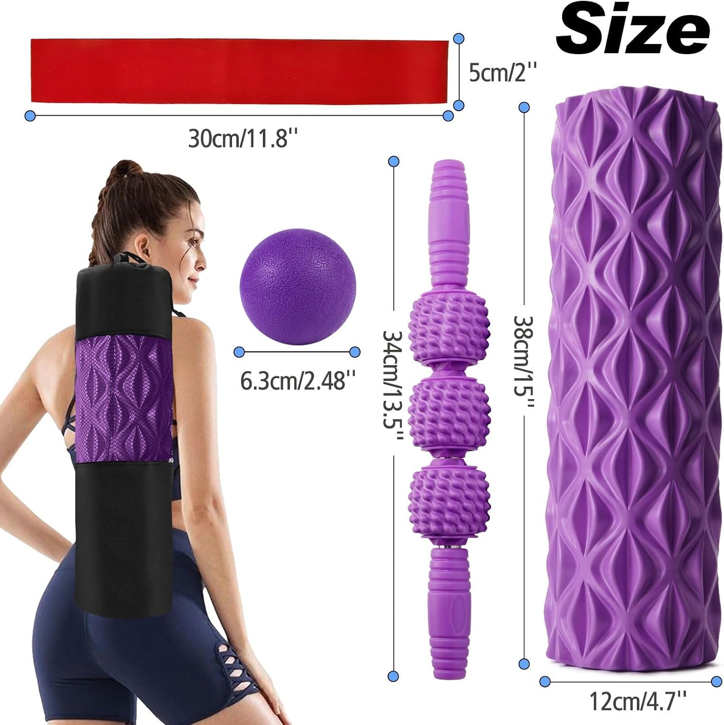 5 in 1 Foam Roller Set High Density Patented Foam Roller for Exercise | Foam Roller Massage Stick, Massage Ball, Resistance Band for Deep Muscle Massage Pilates Yoga Trigger Point Release Purple