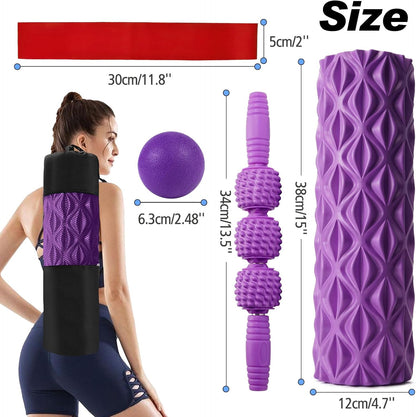 5 in 1 Foam Roller Set High Density Patented Foam Roller for Exercise | Foam Roller Massage Stick, Massage Ball, Resistance Band for Deep Muscle Massage Pilates Yoga Trigger Point Release Purple