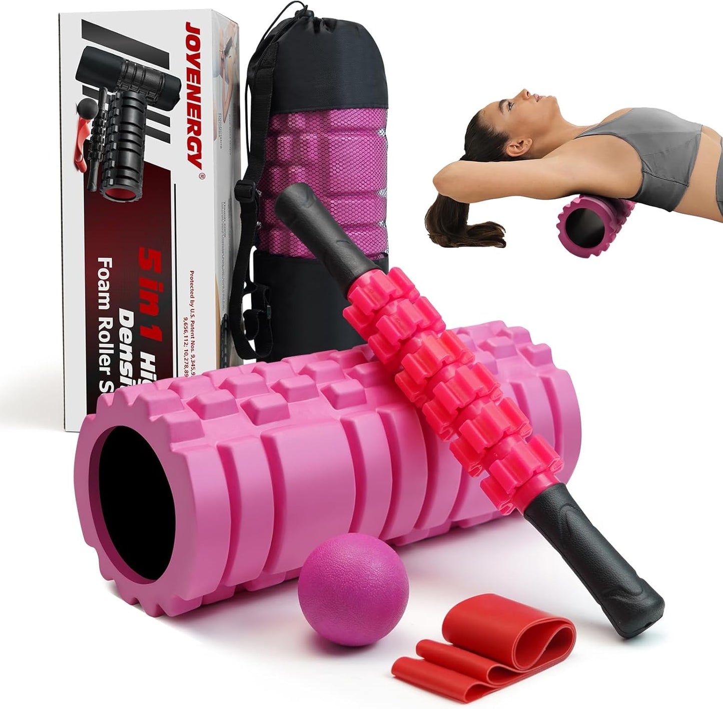 5 in 1 Foam Roller Set High Density Patented Foam Roller for Exercise | Foam Roller Massage Stick, Massage Ball, Resistance Band for Deep Muscle Massage Pilates Yoga Trigger Point Release Purple