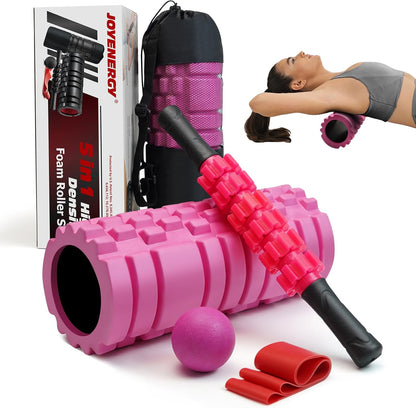 5 in 1 Foam Roller Set High Density Patented Foam Roller for Exercise | Foam Roller Massage Stick, Massage Ball, Resistance Band for Deep Muscle Massage Pilates Yoga Trigger Point Release Purple