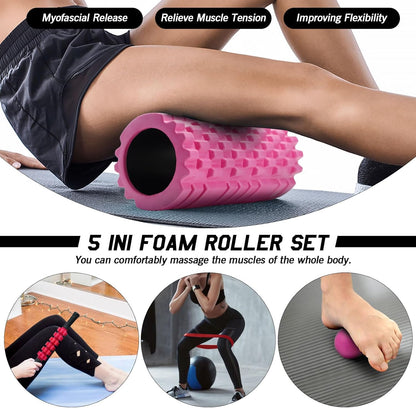 5 in 1 Foam Roller Set High Density Patented Foam Roller for Exercise | Foam Roller Massage Stick, Massage Ball, Resistance Band for Deep Muscle Massage Pilates Yoga Trigger Point Release Purple