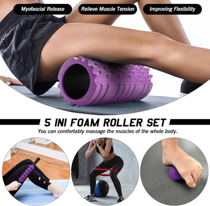 5 in 1 Foam Roller Set High Density Patented Foam Roller for Exercise | Foam Roller Massage Stick, Massage Ball, Resistance Band for Deep Muscle Massage Pilates Yoga Trigger Point Release Purple