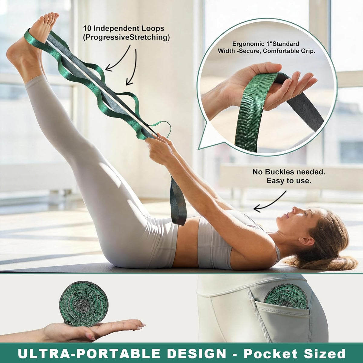 Stretching Strap with Loops for Physical Therapy,Yoga Strap for Stretching,Home Workout,Pilate & Flexibility Training,Non-Elastic Exercise Stretch Band for Hamstring,Leg Stretcher Belt,Flexibility Fascia