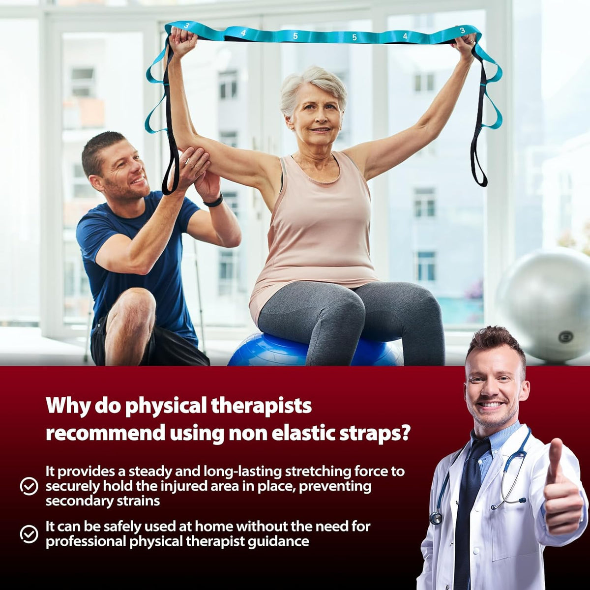 Stretching Strap with Loops for Physical Therapy,Yoga Strap for Stretching,Home Workout,Pilate & Flexibility Training,Non-Elastic Exercise Stretch Band for Hamstring,Leg Stretcher Belt,Flexibility Fascia