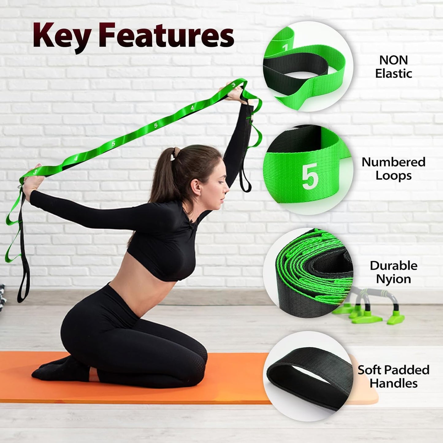 Stretching Strap with Loops for Physical Therapy,Yoga Strap for Stretching,Home Workout,Pilate & Flexibility Training,Non-Elastic Exercise Stretch Band for Hamstring,Leg Stretcher Belt,Flexibility Fascia