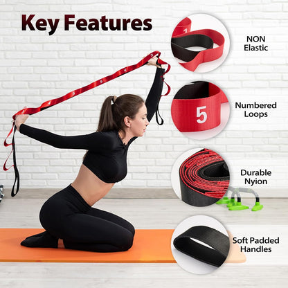 Stretching Strap with Loops for Physical Therapy,Yoga Strap for Stretching,Home Workout,Pilate & Flexibility Training,Non-Elastic Exercise Stretch Band for Hamstring,Leg Stretcher Belt,Flexibility Fascia