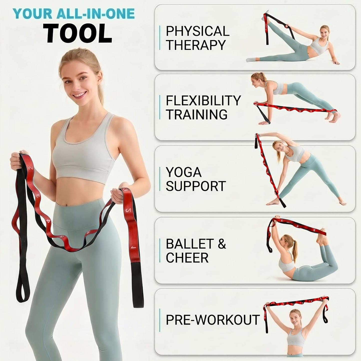 Stretching Strap with Loops for Physical Therapy,Yoga Strap for Stretching,Home Workout,Pilate & Flexibility Training,Non-Elastic Exercise Stretch Band for Hamstring,Leg Stretcher Belt,Flexibility Fascia