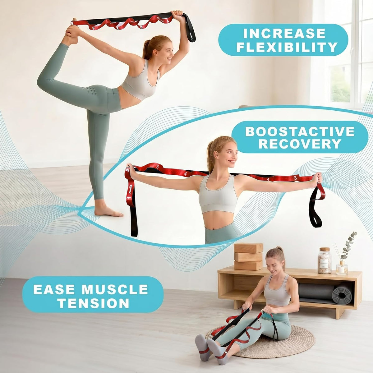 Stretching Strap with Loops for Physical Therapy,Yoga Strap for Stretching,Home Workout,Pilate & Flexibility Training,Non-Elastic Exercise Stretch Band for Hamstring,Leg Stretcher Belt,Flexibility Fascia