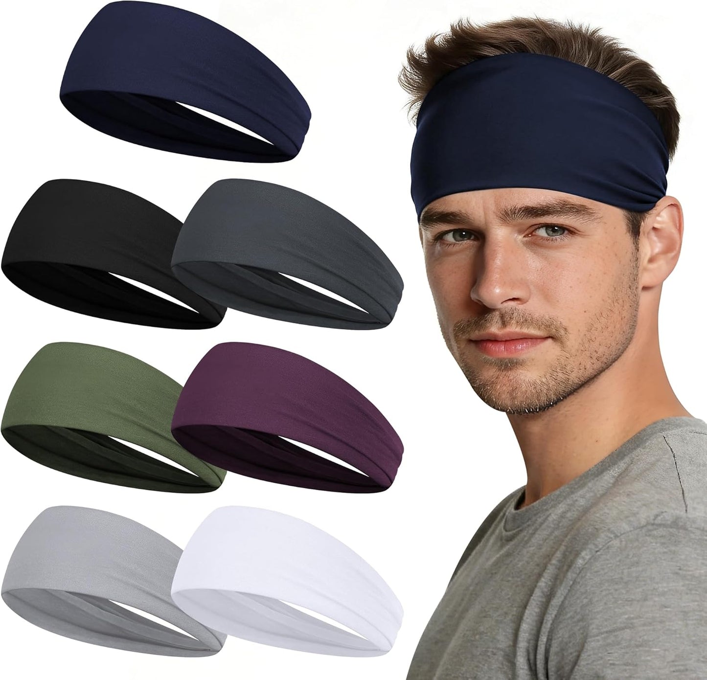 Sport Headbands for Men - 7 Pcs Sweat Absorbent Running Headband for Fitness Workout Running Rugby Baseball Yoga High Intensity Interval Training, Unisex Sweatband for Both Men and Women