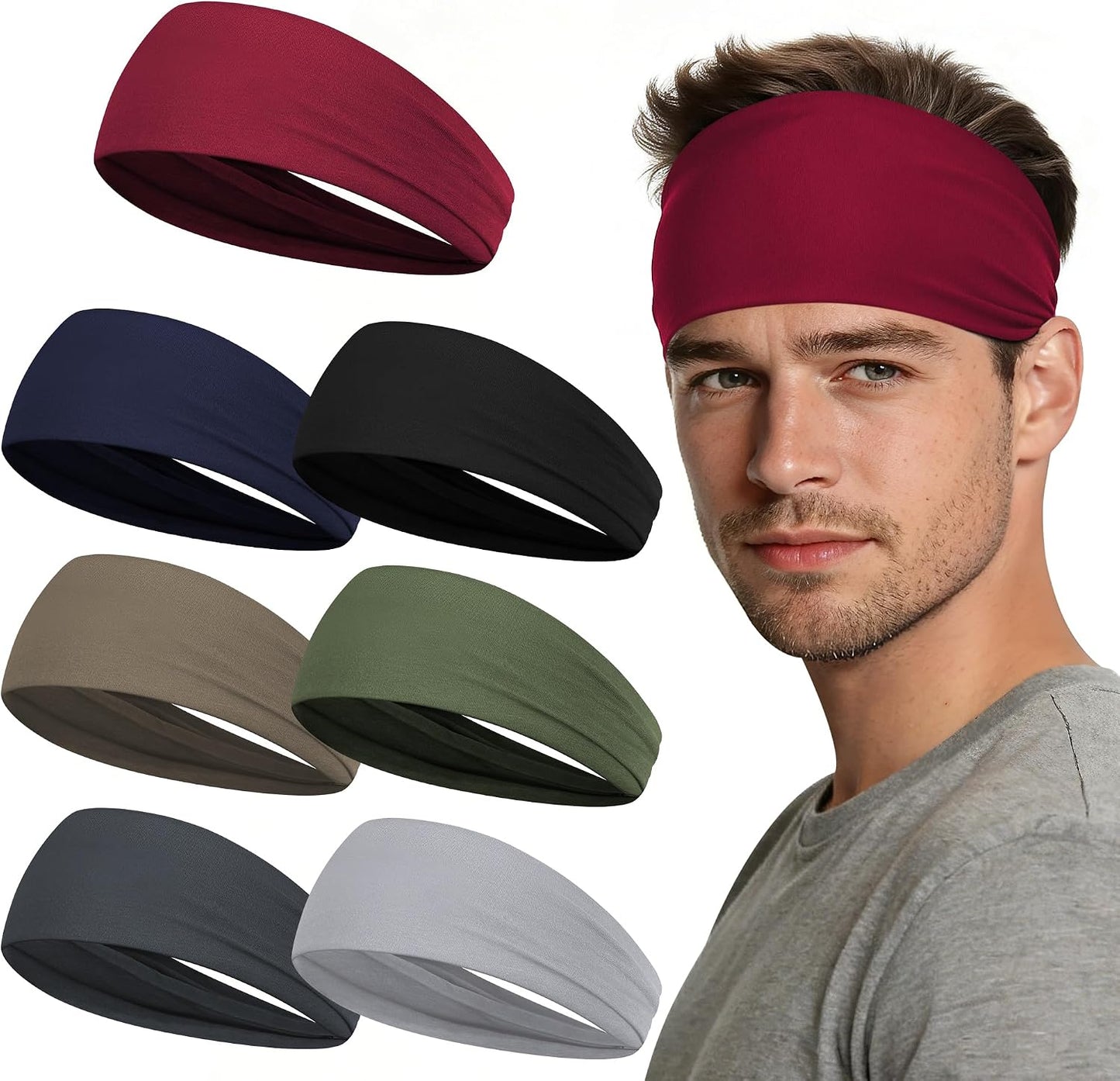 Sport Headbands for Men - 7 Pcs Sweat Absorbent Running Headband for Fitness Workout Running Rugby Baseball Yoga High Intensity Interval Training, Unisex Sweatband for Both Men and Women