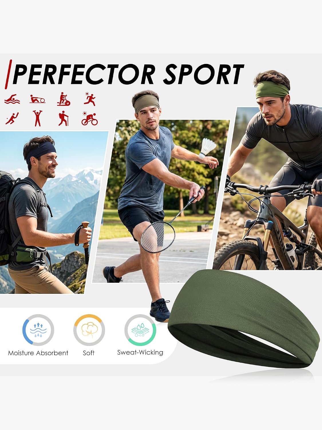Sport Headbands for Men - 7 Pcs Sweat Absorbent Running Headband for Fitness Workout Running Rugby Baseball Yoga High Intensity Interval Training, Unisex Sweatband for Both Men and Women