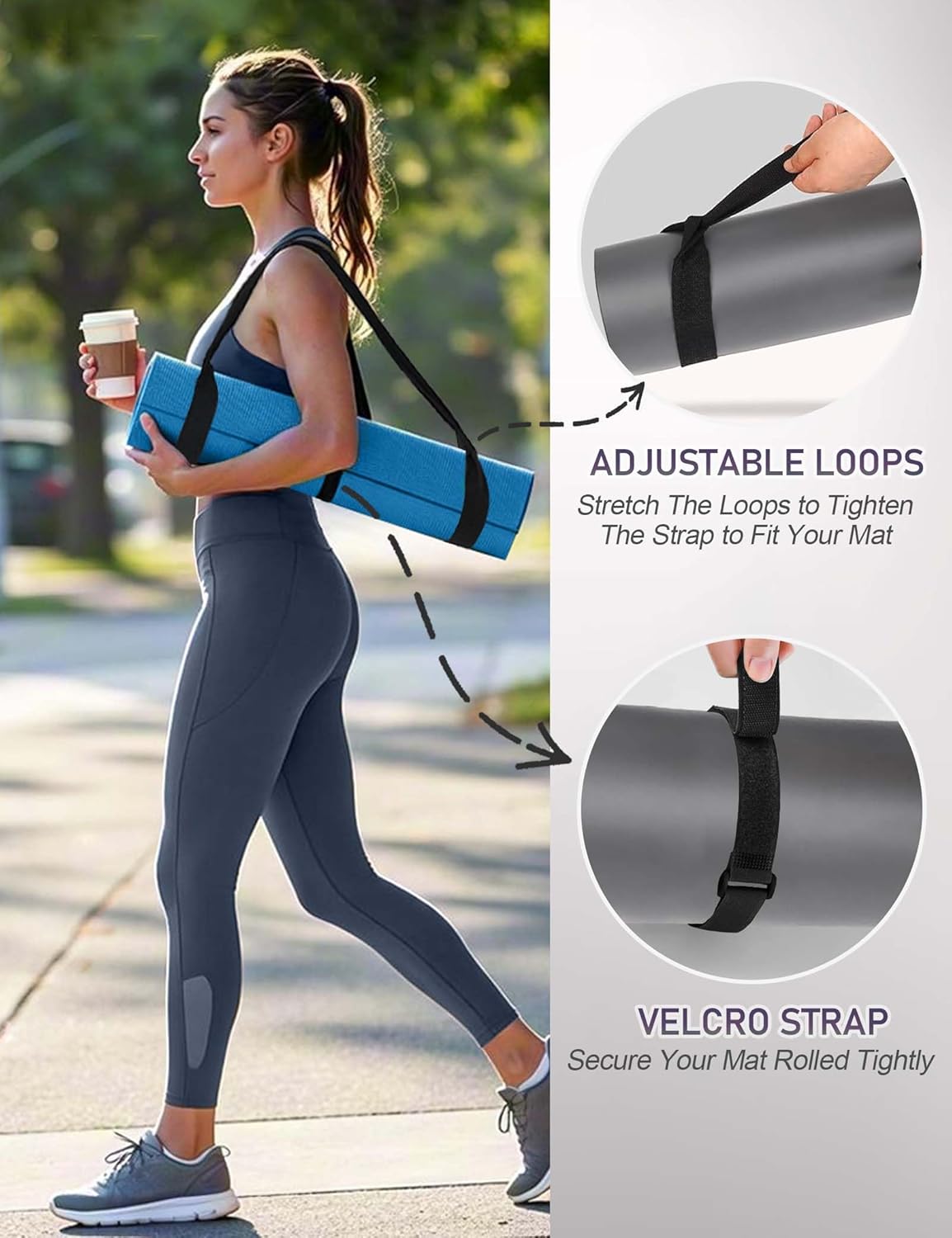 Yoga Mat Carrier Strap Long - Adjustable Thick and Wide Strap for Carrying Mat or Stretching, Black