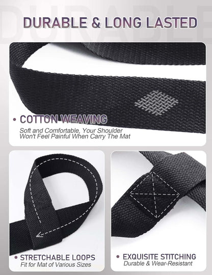 Yoga Mat Carrier Strap Long - Adjustable Thick and Wide Strap for Carrying Mat or Stretching, Black