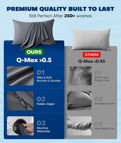 Ultra-Chill Cooling Pillowcase Set of 2 for Hot Sleepers, Softer Than Silk Pillow Cases for Protecting Hair & Skin, Breathable Bed Pillow Covers w/ Zipper, Gifts for Women & Men (Light Gray, Standard)