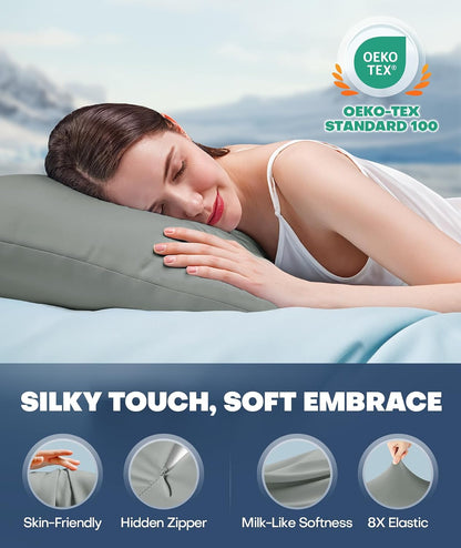 Ultra-Chill Cooling Pillowcase Set of 2 for Hot Sleepers, Softer Than Silk Pillow Cases for Protecting Hair & Skin, Breathable Bed Pillow Covers w/ Zipper, Gifts for Women & Men (Light Gray, Standard)